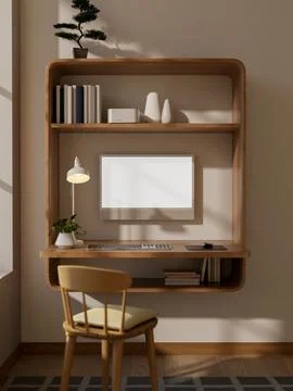 Blank screen computer in a wall mounted floating desk and wooden chair at r.. Ilustración de archivo