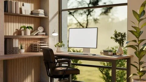 Blank screen computer on a wooden table and armchair near glass wall with n.. 库存插图