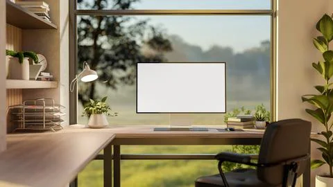 Blank screen computer on wooden table and armchair in glass wall room with .. Stock Illustration