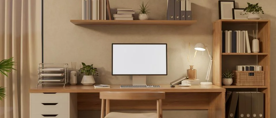 Blank screen computer on wooden table and a chair under hanging display she.. 스톡 일러스트