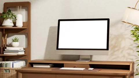 Blank screen computer on wooden table between display bookshelf and lamp wi.. Stock Illustration