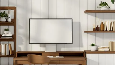 Blank screen computer on wooden table and chair aside floating bookshelf in.. イラスト素材