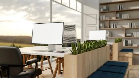 Blank screen computers on table with armchairs near partition bench in offi.. 스톡 일러스트