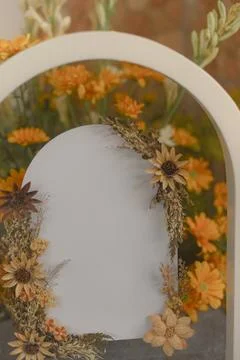 Blank screen dowry box with various living flowers in the background. Fotos Stock