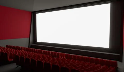 Blank screen in empty cinema hall. 3D rendered illustration. Stock Photos