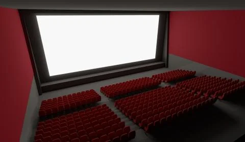 Blank screen in empty cinema hall. 3D rendered illustration. Stock Photos