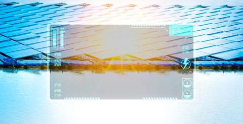 Blank screen HUD interface of solar panels against sunlight on background Stock-Fotos