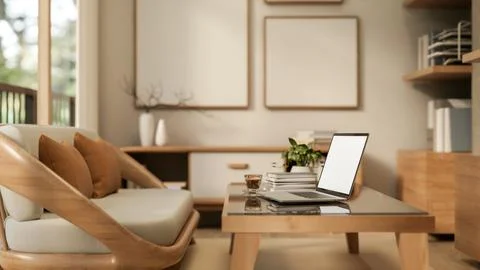 Blank screen laptop and coffee on glass top table and wooden sofa aside she.. Stock Illustration