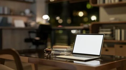 Blank screen laptop aside coffee cup and books on glass top wooden table in.. Stock Illustration