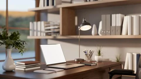 Blank screen laptop with book and stationary aside reading lamp on wooden t.. Stock Illustration