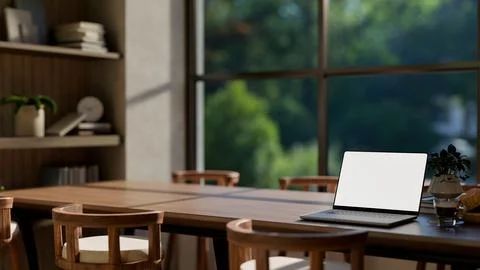 Blank screen laptop with bread and coffee on wooden table in a glass wall d.. Stock Illustration