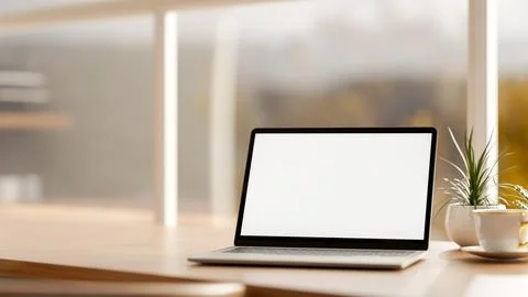 Blank screen laptop with coffee aside potted plants on wooden table in a gl.. イラスト素材