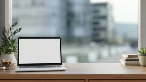Blank screen laptop with coffee aside potted plant on wooden table with cit.. 스톡 일러스트