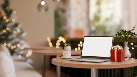 Blank screen laptop with coffee cup aside gift box present on wooden stool .. Stock Illustration