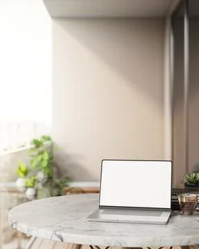 Blank screen laptop with coffee cup and plant on round marble table at balc.. Stock Illustration