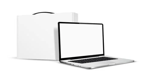 Blank screen laptop computer and white carton box with handle mockup isolat.. Stock Illustration