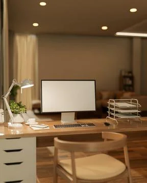 Blank screen laptop on wooden table with drawers, notebook and potted plant.. Stock Illustration