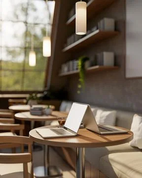 Blank screen laptops aside coffee cup and book on round wooden stool table .. 스톡 일러스트