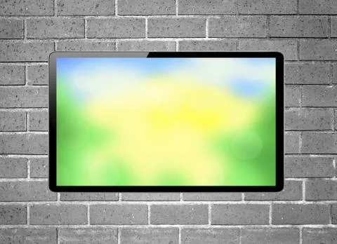 Blank screen LCD tv with bright nature hanging on a wall Fotos de archivo