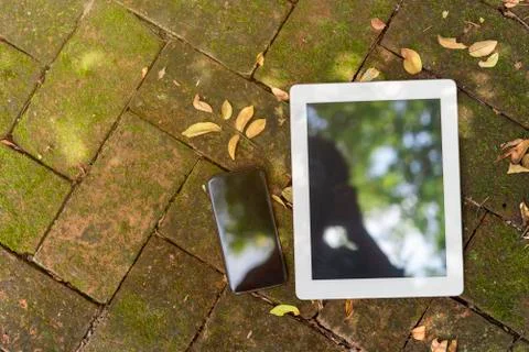 Blank screen of mobile and tablet put on wood in nature outdoor. Technology a Stock Photos