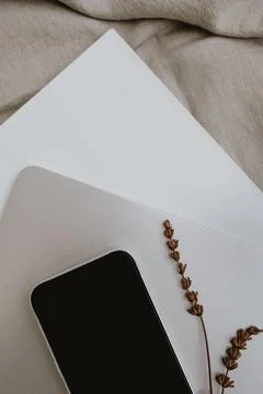 Blank screen smart phone with empty copy space. Aesthetic neutral tan beige a Stock Photos