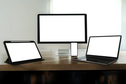 Blank screen on table. Workspace background new project on laptop computer .. Stock Photos