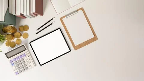 Blank screen tablet with calculator and clipboard aside book and gold coins.. Stock Illustration
