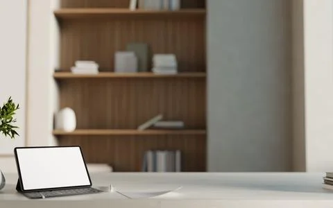 Blank screen tablet keyboard mockup on office desk with bookshelf backgroun.. Stock Illustration