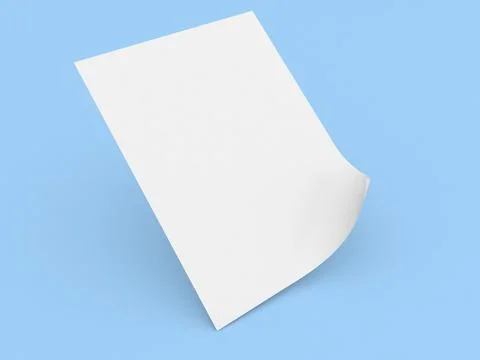 A blank sheet of paper is displayed on a light blue surface, curling slightly Stock Illustration