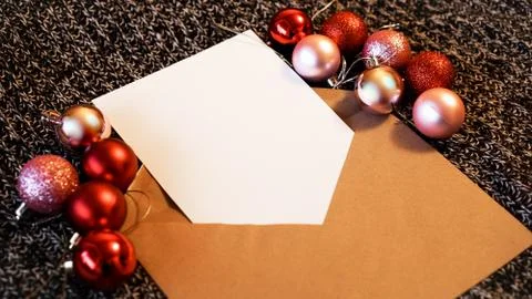 Blank sheet of paper for notes, kraft paper envelope. The concept of New Year Stock Photos