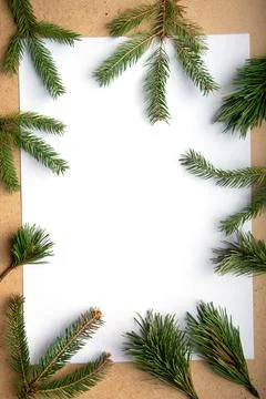 A blank sheet surrounded by fresh pine branches on a rustic background, per.. Stock Photos