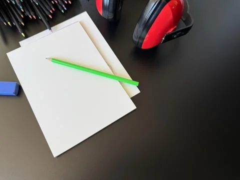 Blank sheet surrounded by school accessories and red headphones. Stock Photos