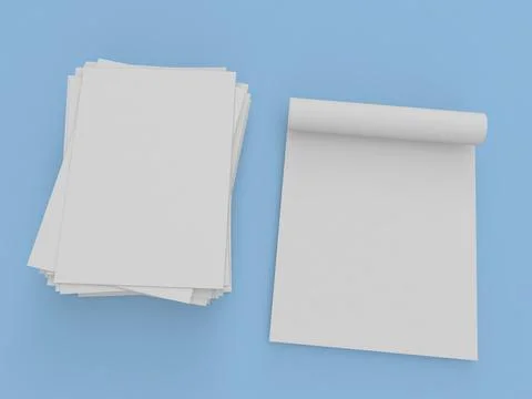 Blank sheets and notepad sit on a blue surface for writing tasks and creati.. Stock Illustration