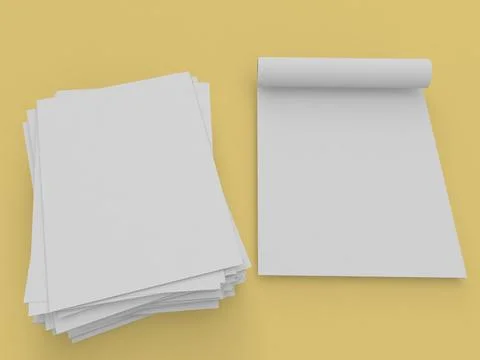 Blank sheets and notepad on yellow background for note taking or drawing ta.. Stock Illustration