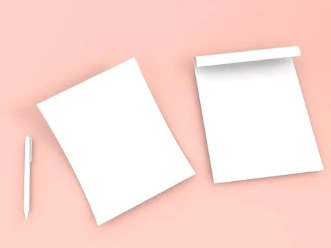 Blank sheets of paper and a pen on a pastel pink surface ready for notes or.. Stock Illustration