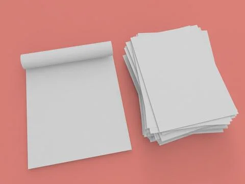 Blank sheets of paper with a notepad beside a stack on a pink background du.. Stock Illustration