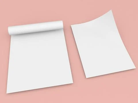 Blank sheets of paper on a soft pink background with one sheet rolled at th.. Illustrazione stock