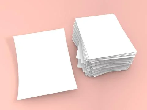 Blank sheets of paper stacked on a pink surface with a single sheet next to.. イラスト素材
