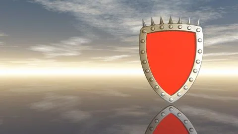 Blank shield with prickles under cloudy blue sky - 3d illustration Stock Illustration