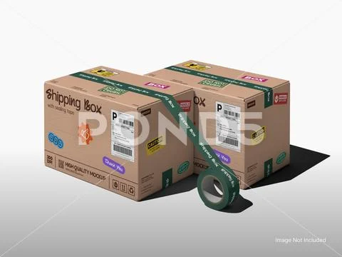 Blank Shipping Boxes Mockup with Packing Tape 3D Rendering PSD Template
