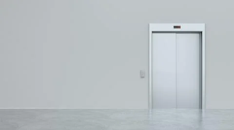 Blank silver closed elevator in office floor interior mock up, front view. Mo Ilustración de archivo