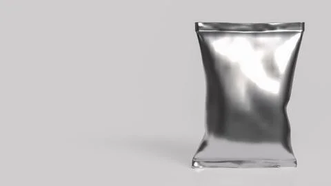 Blank Silver Foil Pouch Packaging on Gray Background 3d render. Stock Illustration