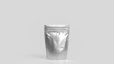 Blank Silver Foil Pouch Packaging on Gray Background 3d render. Illustrazione stock