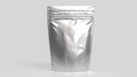 Blank Silver Foil Pouch Packaging on Gray Background 3d render. Illustrazione stock
