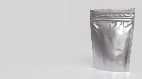 Blank Silver Foil Pouch Packaging on Gray Background 3d render. Stock Illustration