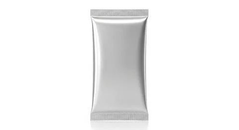 Blank silver foil sachet packet packaging mockup isolated on white studio b.. Stock Illustration