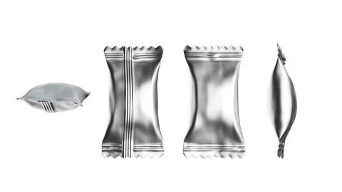Blank silver metallic candy foil packs for packaging design. 3d illustration Stock Photos