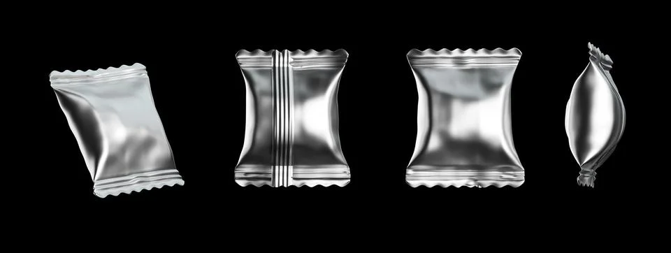 Blank silver metallic small candy foil packs for packaging design. 3d illus.. Stock Photos