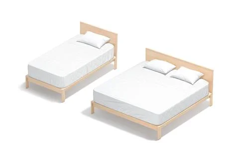 Blank single and double bed white bedding mockup, side view Stock Photos