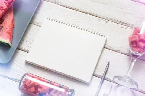 Blank sketch book on the table Stock Photos